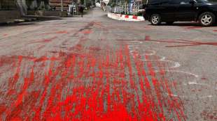 Demonstranten setzen mit roter Farbe Zeichen gegen Blutvergie&szlig;en in Myanmar